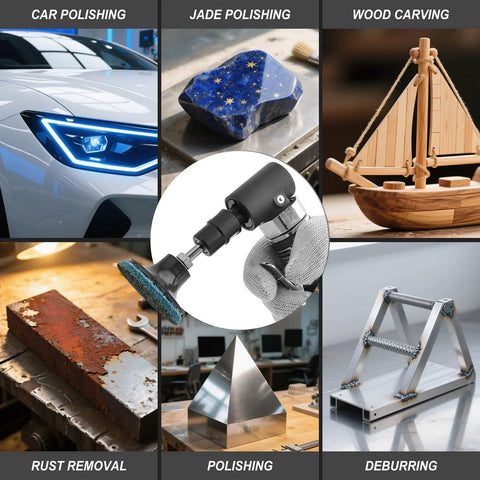 Gunpla 1/4-inch angle air die grinder with 26 roll-lock sanding discs; center close-up of tool head