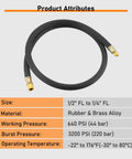 Heavy Duty Half Inch HVAC Vacuum Hose, 6 Ft Long, high pressure rated, black charge hose, brass ends for AC and refrigerant recovery
