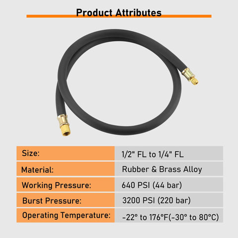 Heavy Duty Half Inch HVAC Vacuum Hose, 6 Ft Long, high pressure rated, black charge hose, brass ends for AC and refrigerant recovery