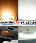 Comparison of dim yellow halogen bulb and 561 LED Festoon Bulbs 44mm Pack Of 4 Super Bright White for Cars interior lighting.