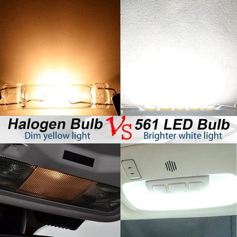 Comparison of dim yellow halogen bulb and 561 LED Festoon Bulbs 44mm Pack Of 4 Super Bright White for Cars interior lighting.