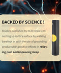 Scientific backing for grounding products, emphasizing pain relief and sleep improvement, with electric energy background.