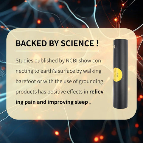 Scientific backing for grounding products, emphasizing pain relief and sleep improvement, with electric energy background.
