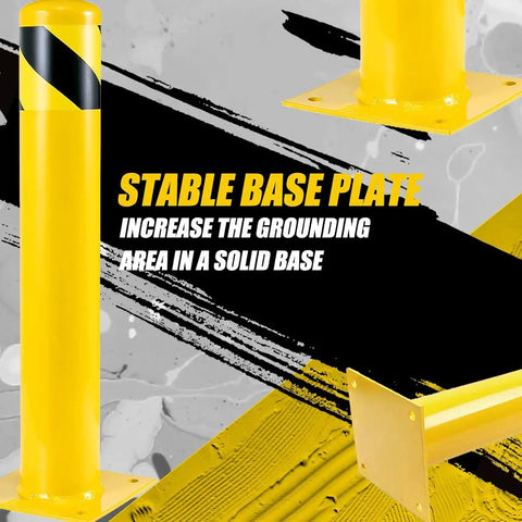 Keep Your Spot Secure With Rock Solid 42 Inch Steel Safety Bollards 4.5 Inch Diameter High Visibility Yellow Parking Barrier Posts Built For Tough Driveway Traffic Control 3 Pack with stable base plate.