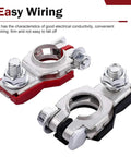 Straight Swap Two Piece Car Battery Terminal Connector Kit For Sedans Vans And Trucks Top Post Clamps in silver and red color.