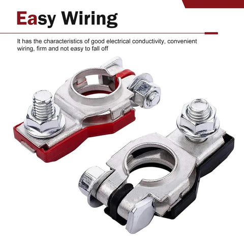 Straight Swap Two Piece Car Battery Terminal Connector Kit For Sedans Vans And Trucks Top Post Clamps in silver and red color.