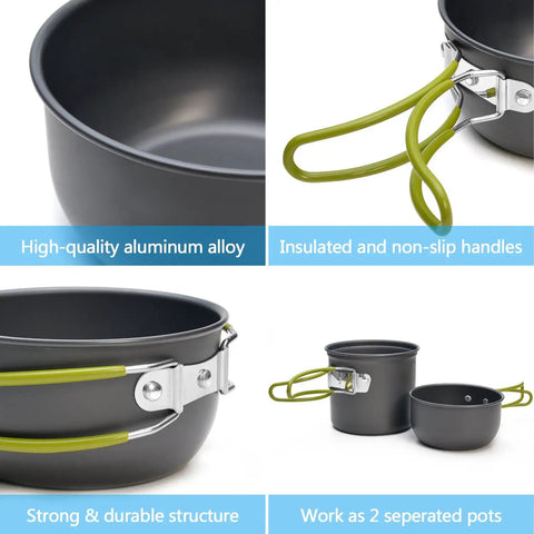 Backpacking Camping Cookware Kit With Mini Stove Aluminum Pots Stainless Steel Cup Nine Piece Utensil Set shown with insulated handles