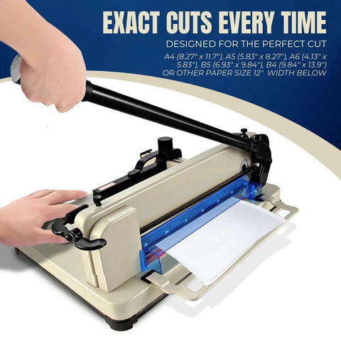 Heavy Duty 12 Inch Guillotine Paper Cutter For A4 Papers Up To 400 Sheets With Metal Base Trimmer in use