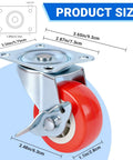 Diagram of 2.5 Inch Mixed Locking And Swivel Casters Set Of 4 With Side Brakes And PU Wheels On Steel Plate Brackets dimensions