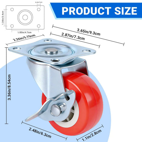 Diagram of 2.5 Inch Mixed Locking And Swivel Casters Set Of 4 With Side Brakes And PU Wheels On Steel Plate Brackets dimensions