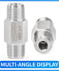 ChillWaves 304 stainless steel inline siamese check valve, 1/4" NPT male thread; front and rear views