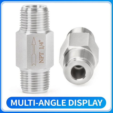 ChillWaves 304 stainless steel inline siamese check valve, 1/4" NPT male thread; front and rear views