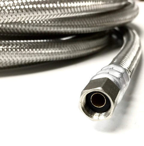 Close-up of stainless steel braided ice maker hose end with 1/4-inch compression fittings