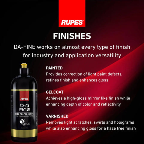 DA Fine High Performance Car Polishing Compound 1000 Ml Yellow bottle with product details on painted, gelcoat, varnished finishes.
