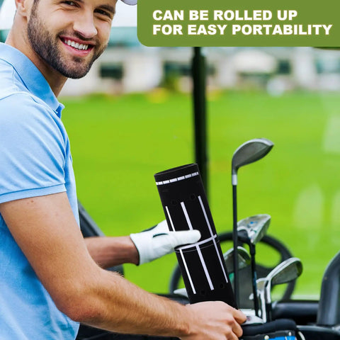 Person holding rolled Indoor Golf Putting Mat For Home Practice With Alignment Track, 30 X 8.27 Inch Rubber Surface Black Green Mat