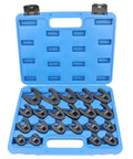 Metric Crowfoot Flare Nut Wrench Set 8mm To 24mm, 21-Piece With 3/8 And 1/2 Inch Drives, Built For Tight Spots And Auto Jobs, Beefy Gear For Hard To Reach Fittings Everyday. blue case with 21 black metric crowfoot flare nut wrenches