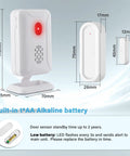 5-In-1 Wireless Door Alarm Chime With LED Lights And Welcome Doorbell dimensions and battery info