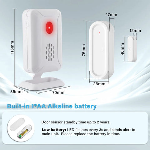 5-In-1 Wireless Door Alarm Chime With LED Lights And Welcome Doorbell dimensions and battery info