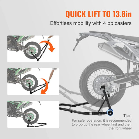 Illustration showing Beefy 850 Lb Front And Rear Motorcycle Stand Lift usage on a motorcycle with rear wheel lifted.