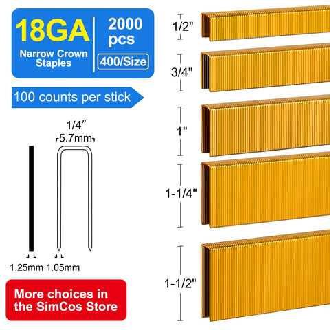 18 Gauge Narrow Crown Staples Assorted Sizes One Half To One And One Half Inch Galvanized 2000 Pack For Pneumatic Or Electric Staplers And Staple Guns Project Pack, showing staples in five sizes with measurements.