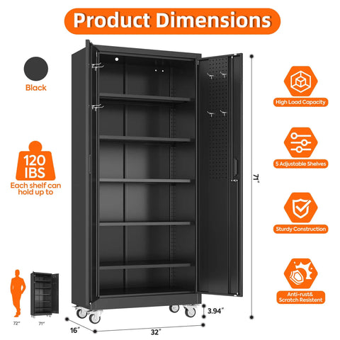 Shop Ready Slick Rolling Metal Garage Storage Cabinet Featuring Lockable Double Pegboard Doors And Five Spacious Adjustable Shelves Plus Heavy Duty Workshop Tool Organizer Rack