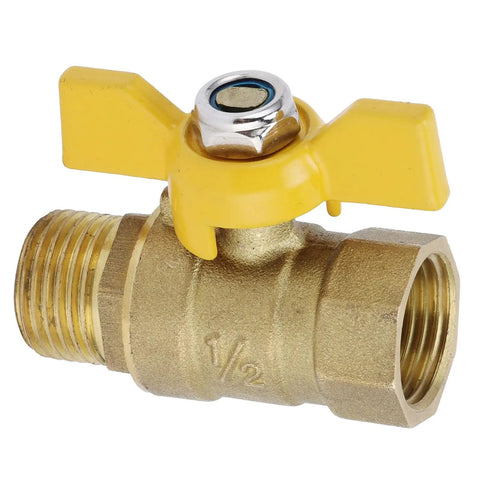 Heavy Duty Brass Ball Valve Featuring G1/2 Male Thread For Fuel And Natural Gas Lines Quick Shut Off Plumbing Parts with yellow handle.