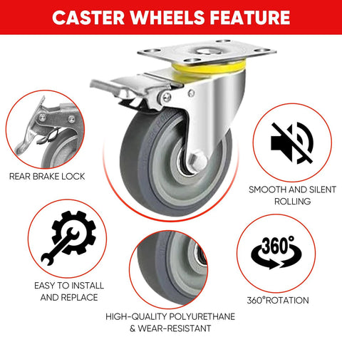 Heavy Duty 5 Inch Caster Wheels Set, 4 Pack, Includes 2 Locking Swivel Casters And 2 Rigid Casters, 500 Pound Capacity Each, TPR Silent Tread