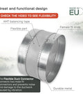 10 Inch Flexible Duct Connector For HVAC Vibration Reduction And Easy Inline Fit Heavy Duty Female To Male Duct Connection Galvanized Steel Ducting Noise Dampening Coupler For Dust Collection And Secure Joint, showing galvanized steel and flexible section with labeled parts.