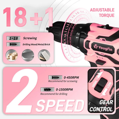 Pink Cordless Drill Driver Kit 12V with charger, 18+1 adjustable torque, 2-speed gear control, 195-piece tool set for DIY projects