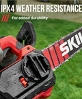 Close-up of SKIL Cordless 12-Inch Chainsaw Kit With 40V Power Core 40 Battery, weather-resistant feature shown.