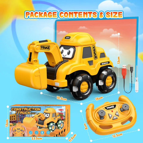 Remote Control Excavator Toy With Flashing Light Wheels For Toddlers Ages 2 To 6 USB Rechargeable Construction Vehicle Box Contents