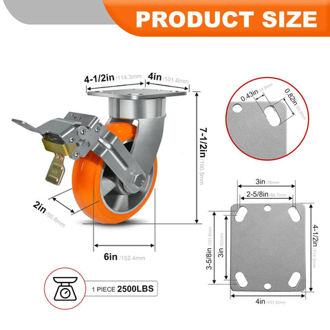 6X2 Inch Real Heavy Duty Casters Rolling Smooth As Butter On The Shop Floor, Kingpinless Crowned Polyurethane Tread With Solid Aluminum Core Wheel, Rust Proof Build Handles Massive 2500 Pound Loads Easy, detailed product size with dimensions.