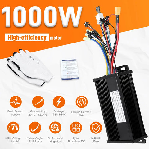 Beefed-Up Ebike Controller For 36V 48V 64V Systems, 750W 1000W, 30A Sine Wave Brushless Motor Controller, shown with wires and gloves