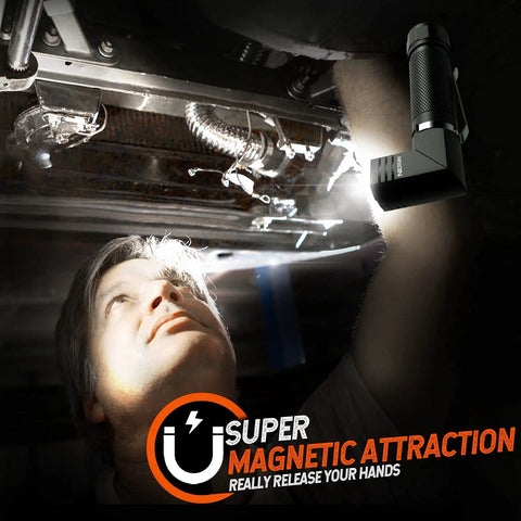 Person using Rechargeable Magnetic LED Flashlight 1000 Lumens With 6 Modes, 90 Degree Twist, hands-free on metal surface