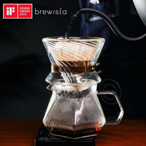 Tornado Duo Pour Over Coffee Dripper Barista Grade With Double Wall Glass Insulated Body Easy To Clean Dripper For Home Or Office 1 To 2 Cups 18 Rib Design Slows Water For Rich Flavor And Smooth Extraction in use.