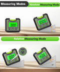 Heavy Duty Digital Angle Level And Inclinometer With Rock Solid Magnet Base And Bright Lcd Screen showing measuring modes on a wooden surface.