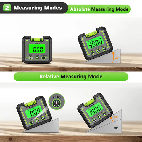 Heavy Duty Digital Angle Level And Inclinometer With Rock Solid Magnet Base And Bright Lcd Screen showing measuring modes on a wooden surface.