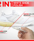 Hand holding 2 Pack White Shoe Polish Marker For Midsoles And Stains with sneaker showing before and after cleaning effects.