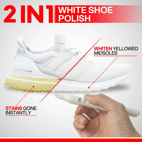 Hand holding 2 Pack White Shoe Polish Marker For Midsoles And Stains with sneaker showing before and after cleaning effects.
