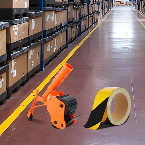 Heavy Duty Floor Tape Applicator For Driveways And Warehouses With Manual Push Marking Tool Non Slip Grip Adjustable Pressure Reusable Tape Roller Workhorse Includes Three Refill Rolls For Aisles And Sports Courts, orange ABS floor tape applicator with roll on warehouse aisle