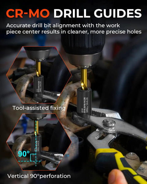 29 Piece Screw Extractor Set With Left Hand Drill Bits For Stubborn Stuck Screws CR-MO drill guides in use on pipe
