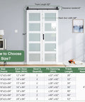Heavy Duty Bifold Barn Door 48X84 Double Frame With Frosted Glass And Full Track Kit, size guide and dimensions displayed.