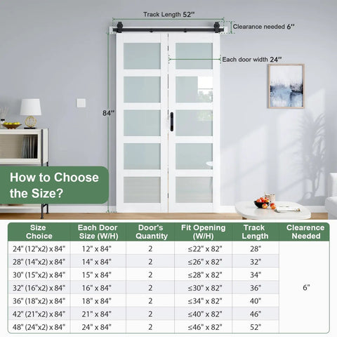 Heavy Duty Bifold Barn Door 48X84 Double Frame With Frosted Glass And Full Track Kit, size guide and dimensions displayed.