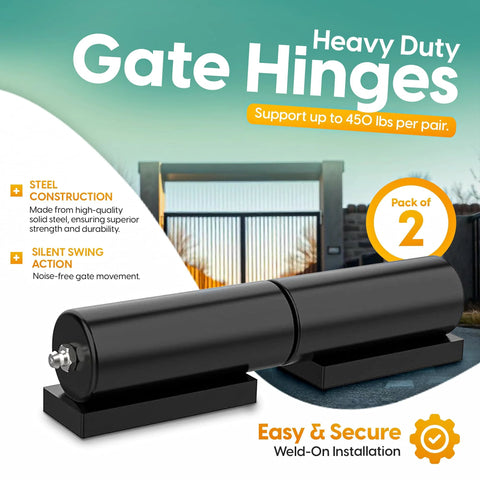 Heavy Duty 7 Inch Weld On Gate Hinges Black Barrel 2 Pack For Metal Gates And Trailer Gates 1.38 Inch Barrel 0.87 Inch Pin 1102 Lb Capacity Each Wrought Iron Weld On Hinges For Rugged Gate Performance Bisagras Para Puertas De Metal; Image shows black steel gate hinges and gate background.