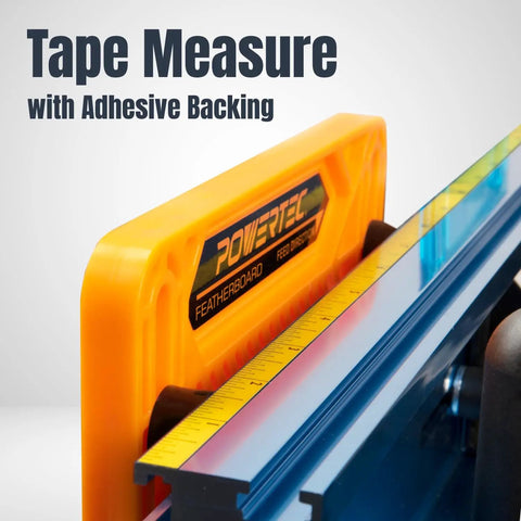 Tape Measure with Adhesive Backing integrated into POWERTEC Featherboard for precise measurements