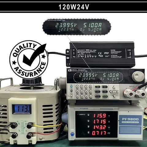 Testing setup for IP67 Waterproof LED Driver 120W Power Supply For LED Strip Lights, voltage display and quality assurance badge.