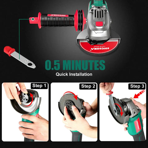 Cordless 18V Angle Grinder With 8500 RPM, 4.0Ah Battery, Fast Charger, quick installation steps and wrench