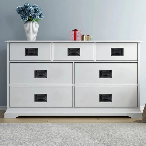 White dresser with Recessed Flush Pull Handles 4.37 Inch Set Of 2 in zinc alloy black finish, featuring spring actuated mechanism.