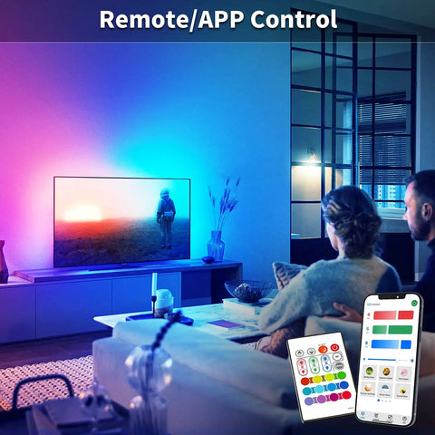 Couple enjoying TV with TV LED Backlight Kit With Remote And Bluetooth App Control for 60 to 70 Inch TVs illuminating wall.