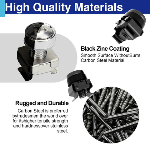 Heavy Duty M5 Rack Mount Screws And Cage Nuts With Nylon Locking Washers Stainless Steel Server Rack hardware kit with black zinc coating.